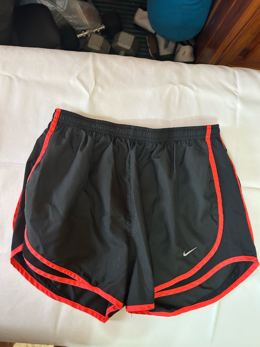 Nike Dri-Fit Black Shorts with Red Trim and Swoosh Medium